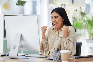 Business woman, happy and excited at her office computer, celebration of great news in email....