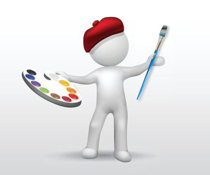 3D small white people - Painter Artist  with red hat brush in the hand and palette color in a tray icon vector logo  image design background template