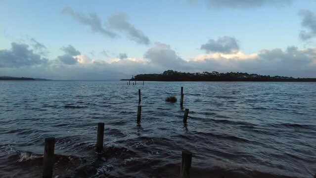 Waves across the lake on a winters morning in Strahan, West Coast Tasmania