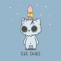 cute Halloween blue kitten cat in skull skeleton costume, doodle animal hand drawn vector