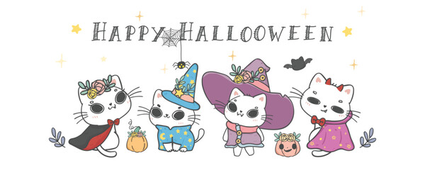 group of cute Halloween cat in Party costume cartoon pet doodle hand drawing banner