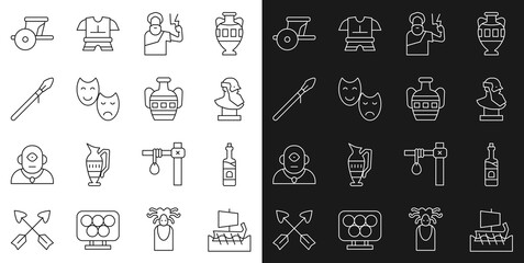 Set line Greek trireme, Bottle of wine, Ancient bust sculpture, Zeus, Comedy and tragedy masks, Medieval spear, chariot and amphorae icon. Vector