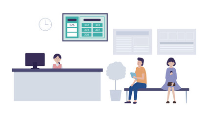 待合室や受付の呼び出しシステムと順番待ちのイラスト素材｜mayucolor03