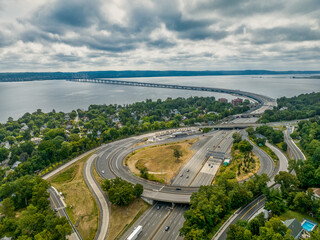 Aerial view of toll plaza and complex intersection leading up to the Cuomo suspension bridge in...
