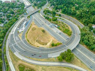 Aerial view of toll plaza and complex intersection leading up to the Cuomo suspension bridge in...