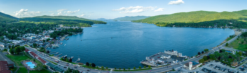 Panoramic aerial view of Lake George New York popular summer vacation destination with colonial wooden fort William Henry