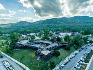 Panoramic aerial view of Lake George New York popular summer vacation destination with colonial...