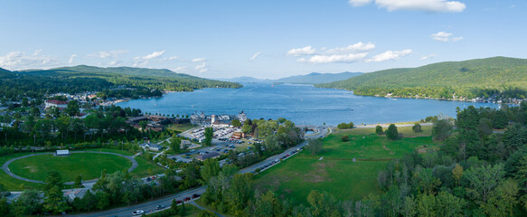 Panoramic aerial view of Lake George New York popular summer vacation destination with colonial...