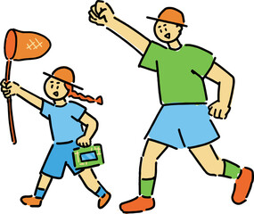 外に虫捕りしに行くパパと子ども