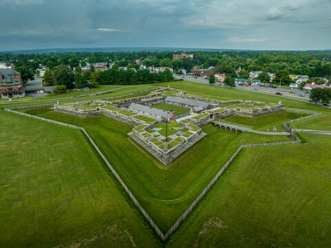 Aerial view of reconstructed wooden star fort with four bastions in Rome New York