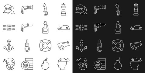 Set line Pirate captain, Cannon, bandana for head, sword, Vintage pistols, Rope tied knot, Location pirate and Alcohol drink Rum icon. Vector