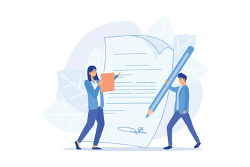 Document signing. Partnership deal, business consultation, work arrangement. Client and assistant writing contract cartoon characters.