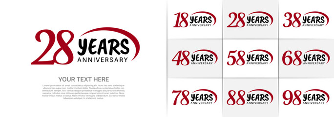 set of anniversary with red swoosh and black number for celebration event