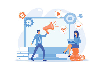 Digital marketing benefit. Web analytics. Programmers working in team. Marketing activity. Attribution modeling, brand insight, measurement tools concept.