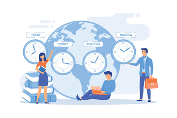 Fototapeta na wymiar Worldwide business, international company branches. Clocks showing local timezone. Time zones, international time, world business time concept.