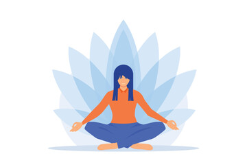 Yoga school instructor. Meditation practice, relaxation techniques, body stretching exercises. Female yogi in lotus pose. Spiritual balance guru. flat vector modern illustration