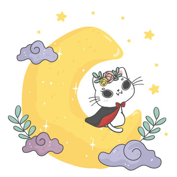cute Halloween vampire cat in this whimsical hand-drawn cartoon illustration. Perfect for spooky holiday designs, this vector art captures the essence of Halloween with a touch of playfulness