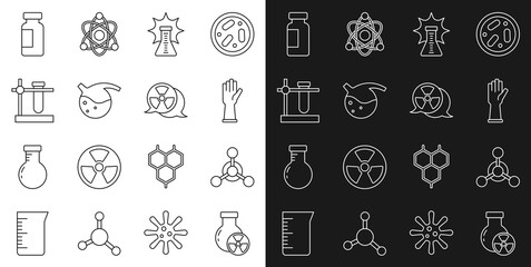 Set line Test tube radiation, Molecule, Medical rubber gloves, Chemical explosion, and flask, stand, and Radioactive icon. Vector