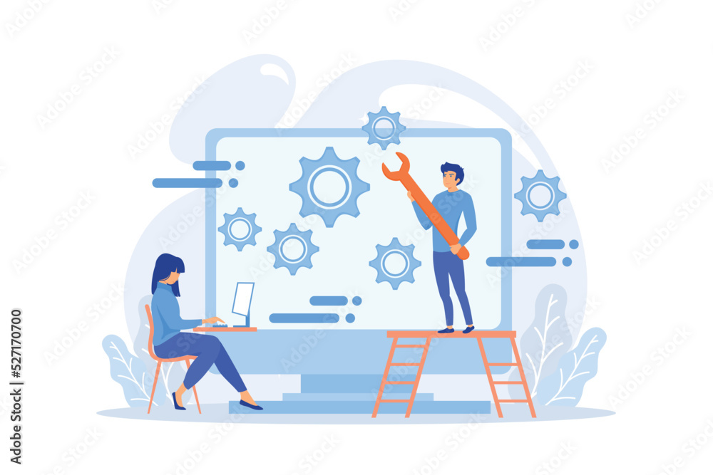 Poster people configure the application on the big lcd screen with gears. back end development it concept. 