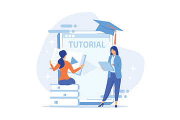Students watching video tutorial on tablet with player sign. Online education, web educational video, online courses and training, e-learning concept. flat vector modern illustration