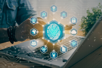 Casual Businessman Touching Mobile Phone Screen and Blue Hexagonal Fingerprint and Social Sign in Vintage Tone