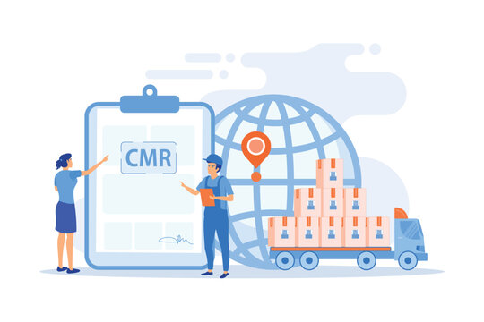 Worldwide logistics and distribution contract. Road transport documents, CMR transport document, international transportation regulation concept. flat vector modern illustration