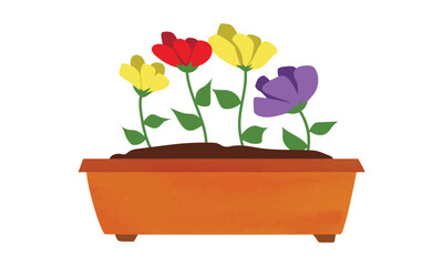 Rectangular pot with colorful flowers watercolor drawing isolated on white background. Rectangular flower pot clipart. Brown plastic flower pot cartoon style. Hand drawn flower pot