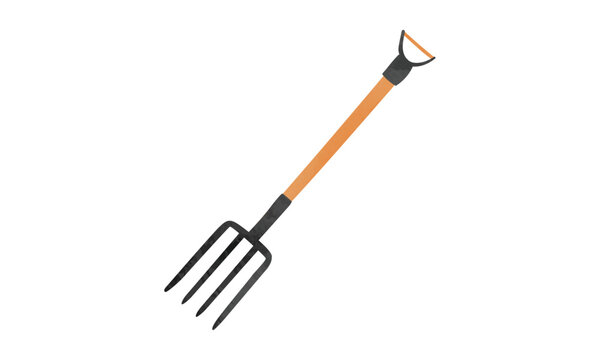 Gardening fork with wooden handle watercolor style vector illustration isolated on white background. Simple pitchfork clipart. Garden tools watercolor cartoon drawing. Farmhouse clipart