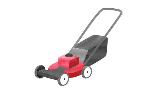Lawn mower machine watercolor drawing. Simple lawn mower clipart vector illustration isolated on white background. Lawn mower cartoon style hand draw. Gardening clipart. Push mower vector design