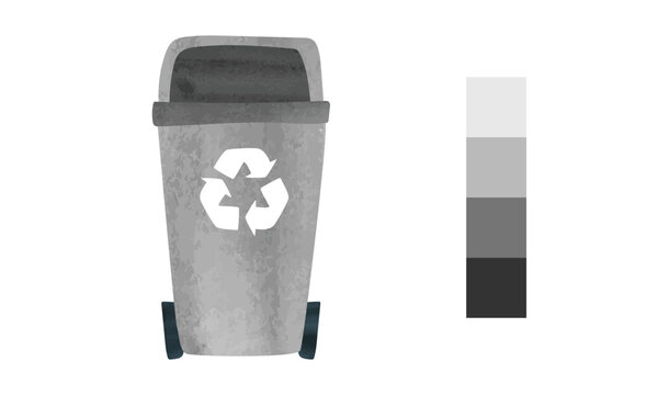 Gray recycling bin with recycle symbol watercolor drawing isolated on white background. Recycle bin clipart. Rubbish can vector illustration. Simple garbage can hand drawn cartoon