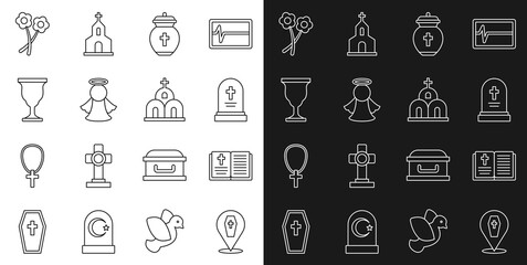 Set line Coffin with cross, Holy bible book, Grave tombstone, Funeral urn, Angel, Christian chalice, Flower and Church building icon. Vector