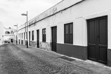 Ancient streets of the central part of the city. Arrecife. Lanzarote. Canary Islands. Spain. Black and white.