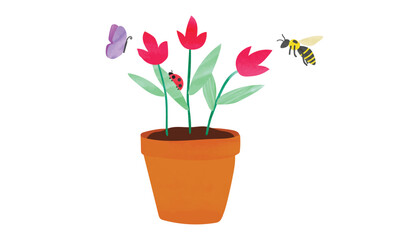 Flower pot with colorful flowers, bee, ladybug and butterfly watercolor drawing isolated on white background. Flowerpot clipart. Brown plastic flower pot cartoon style. Hand drawn flower pot