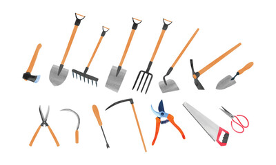 Gardening tools set watercolor illustration isolated on white background. Garden items clipart bundle. Axe, shovel, spade, rake, pitchfork, hoe, mattock, trowel, sickle, scythe, pruning saw, pruners