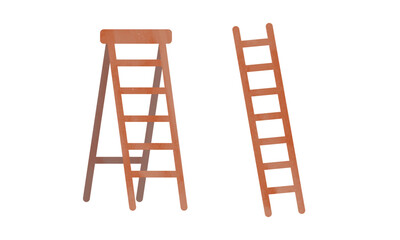 Set of wooden ladders watercolor painting style. Step ladder and straight ladder clipart. Cartoon stepladders for builders, painters and gardeners. Vector illustration set isolated on white background