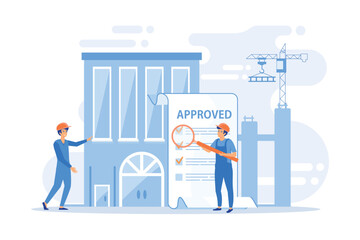 Architectural project approval, safety check. Construction quality control, construction quality management, hire your quality technician abstract concept. flat vector modern illustration
