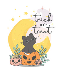 cute Halloween cat ghost hand-drawn cartoon illustration. Perfect for spooky holiday designs, this vector art captures the essence of Halloween with a touch of playfulness