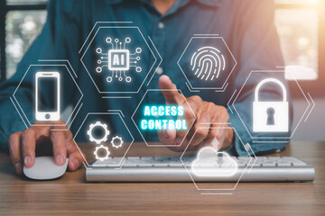 Business, Technology, Internet and network concept, Business person hand using computer with VR screen access control icon on office desk,