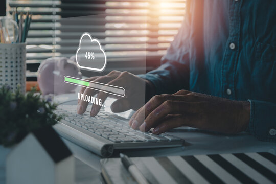 Upload data concept, Woman using laptop computer and waiting for cloud uploading on laptop in office, Data information, Technology network internet Concept.