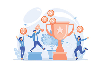 Competition winner holding golden trophy and medal. Leadership and achievement. Prize pool, prize money distribution, tournament main prize concept. flat vector modern illustration