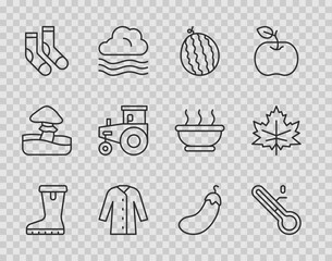 Set line Waterproof rubber boot, Meteorology thermometer, Watermelon, Raincoat, Socks, Tractor, Eggplant and Leaf leaves icon. Vector