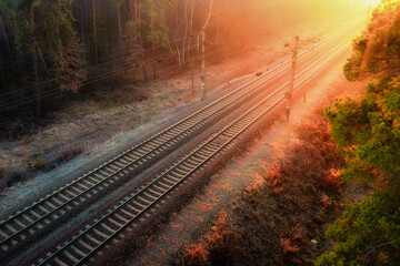 Fototapeta na wymiar Railway autumn forest dawn view from a height