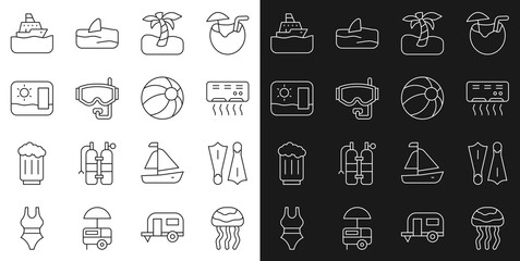 Set line Jellyfish, Rubber flippers for swimming, Air conditioner, Tropical palm tree, Diving mask, Travel postcard, Cruise ship and Beach ball icon. Vector