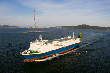 Large car ferry RoRo - transportation of cars and passengers, cruising the East Sea. Sea ferry transportation