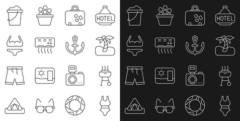 Set line Swimsuit, Barbecue grill, Tropical palm tree, Suitcase, Air conditioner, Sand in bucket and Anchor icon. Vector