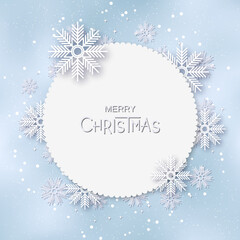 Christmas and New Year vector illustration. Light blue background with elegant cartoon snowflakes and stars