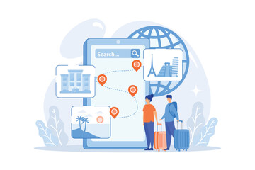 Travel destination choosing, accommodation booking system. Tour navigator, event management mobile app, smart trip navigation online concept. flat vector modern illustration