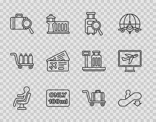 Set line Human waiting in airport terminal, Escalator down, Lost baggage, Liquids carry-on, Airline ticket, Trolley and Plane icon. Vector