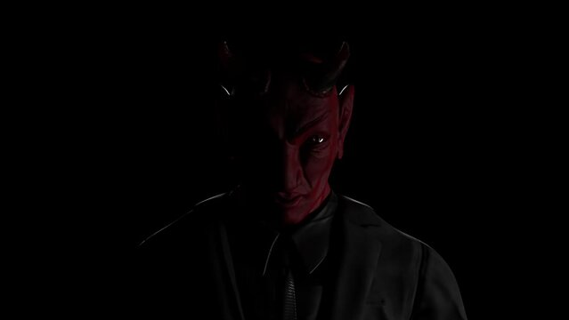 Appearance of red devil from the darkness. Demon bark or growl. Horror or religion concept scene. Animation, 3D Render.