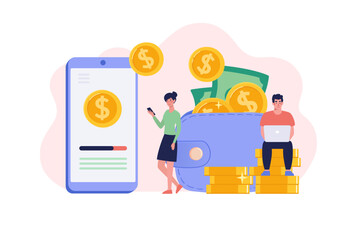 Making money online. The girl is working with a smartphone, and the man is working on a laptop, sitting on a pile of money. Coins from the phone screen flow into the wallet. Vector illustration in a